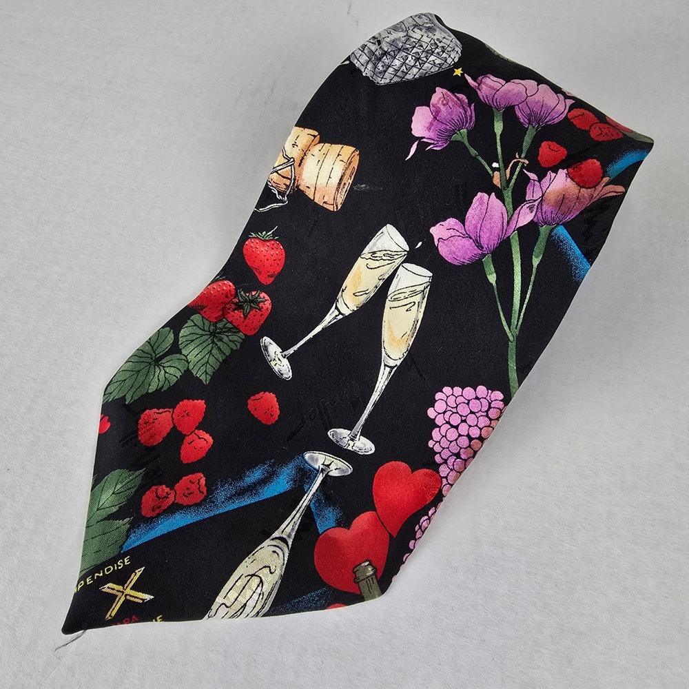 VTG 1994 Nicole Miller Silk Tie Champagne Wine Flutes Strawberries Hearts DVX